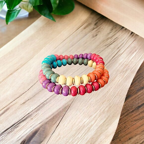 Colors of the Rainbow Stretch Bracelets Set of 2 Handmade NWOT - Picture 1 of 2